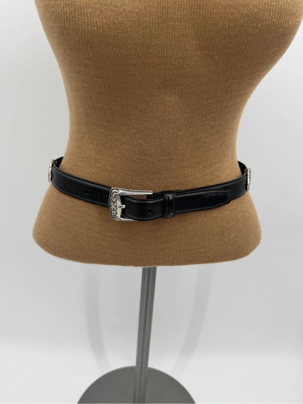 Fossil Black Leather Belt Size S Double Heart Scrollwork Buckle Western Y2K